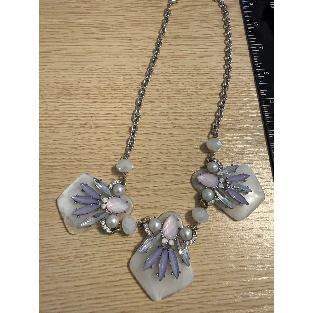 Silver Tone Statement Bib Necklace Lavender Pink Floral Stones Faux Pearl 18-21